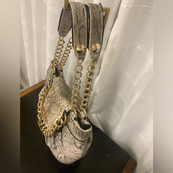 Betsey Johnson 🐍 Python Leather Shoulder Bag with Metal Gold Chains - Picture 7 of 14